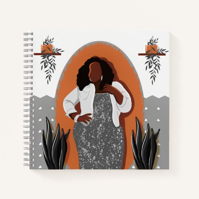 Curvy, Black Woman, Houseplants, Orange & Grey Notebook (Front)