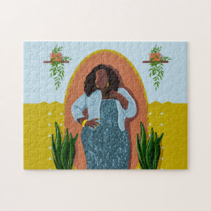 Curvy, Black Woman, Houseplants, Yellow & Blue Jigsaw Puzzle