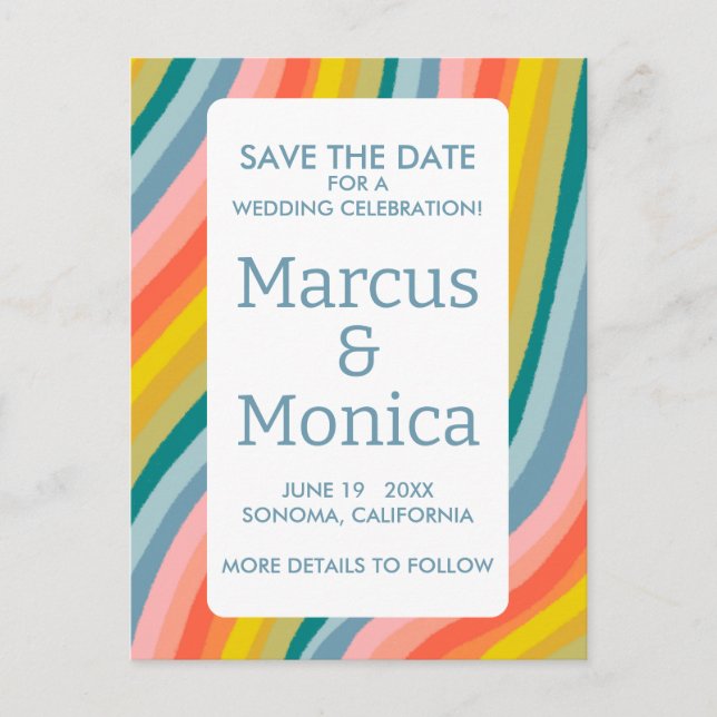 Curvy Colourful Stripes Rainbow Line Save the Date Postcard (Front)
