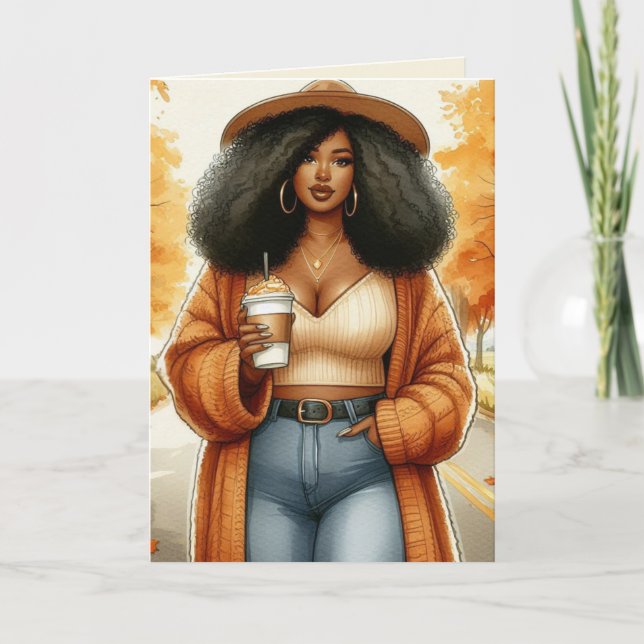 Curvy Cosy African American Woman Thanksgiving Card (Front)