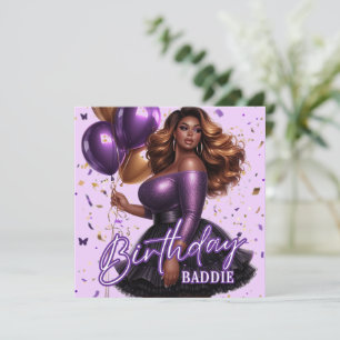 Curvy Glam African American Woman Purple Birthday Card