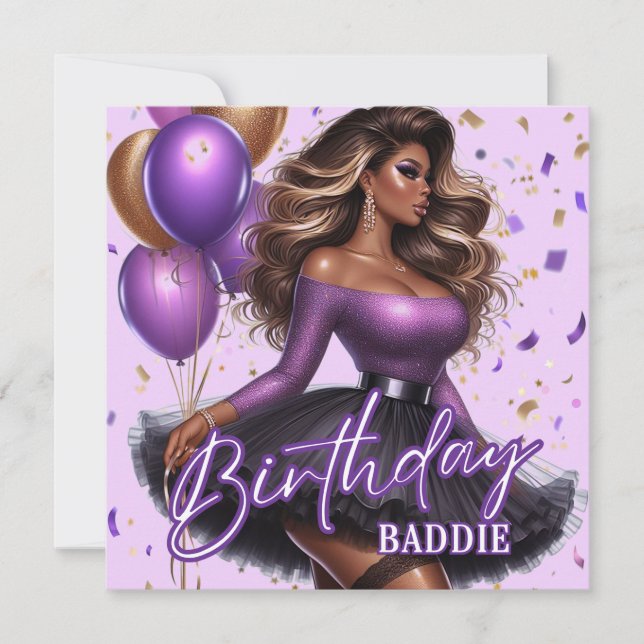 Curvy Glam African American Woman Purple Birthday Card (Front)