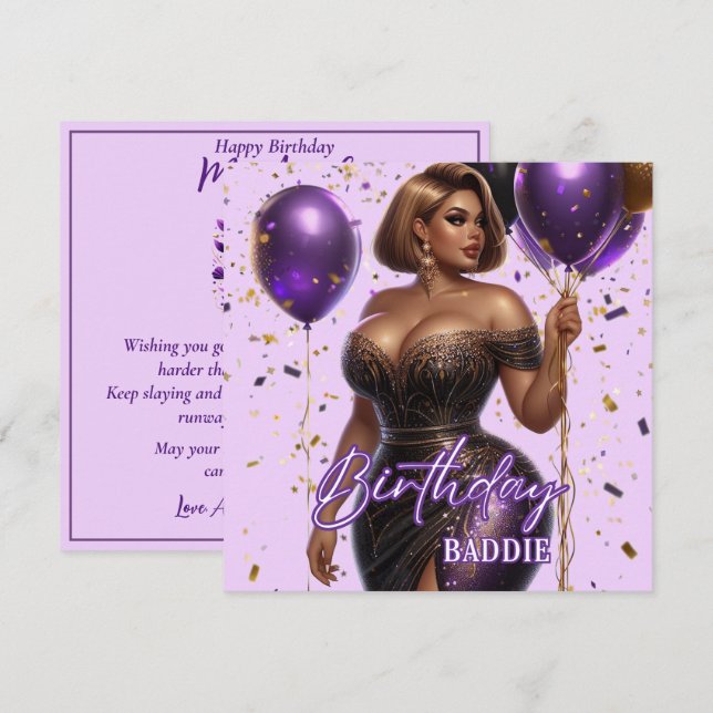 Curvy Glam African American Woman Purple Birthday Card (Front/Back)