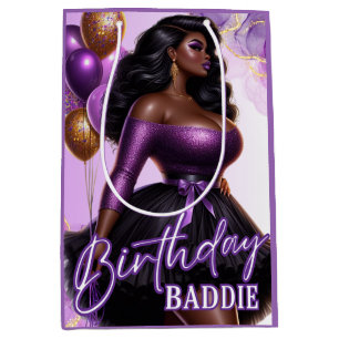 Curvy Glam African American Woman Purple Birthday Medium Gift Bag