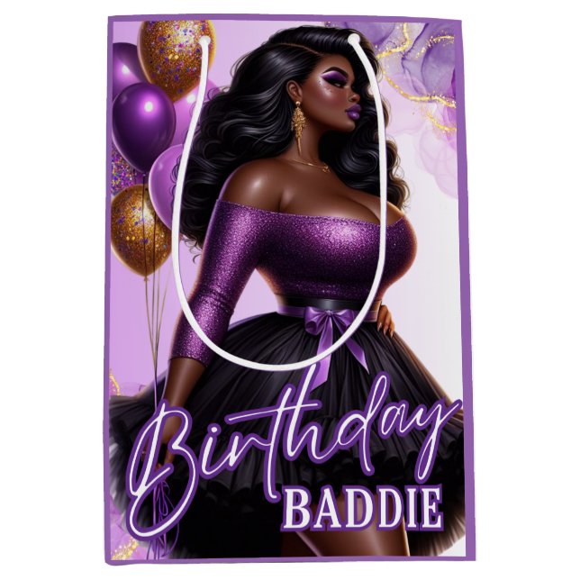 Curvy Glam African American Woman Purple Birthday Medium Gift Bag (Front)