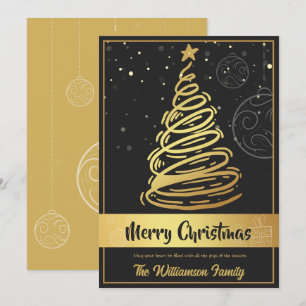 Curvy Lines Christmas Tree Ornaments Gold Black Holiday Card