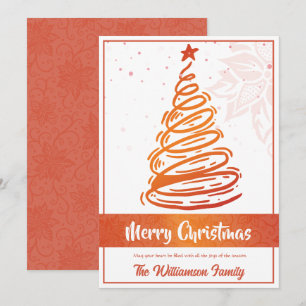 Curvy Lines Christmas Tree Poinsettia Red White Holiday Card