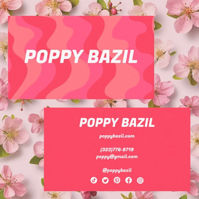 Curvy Wavy Stripes Minimalist Bright Pink Retro Business Card (Wavy lines decorate these bright pink business cards with social media icons)