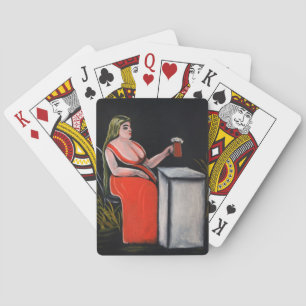 Curvy Woman with a Mug of Beer Playing Cards