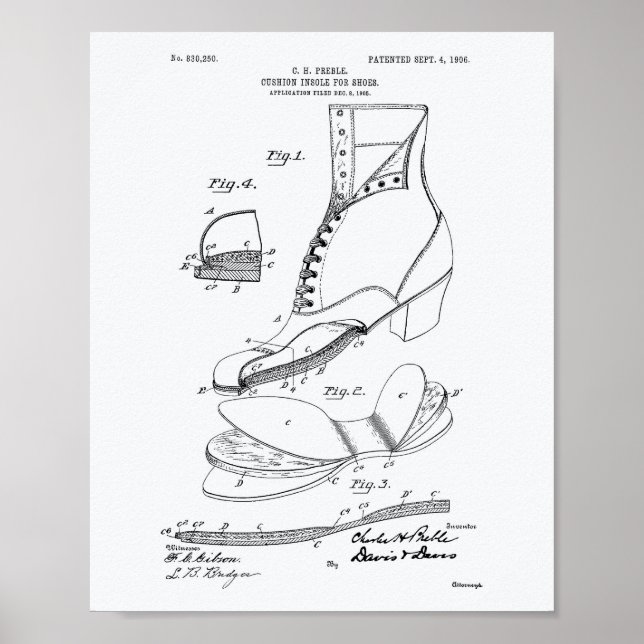 Cushion Insole Shoes 1906 Patent Art White Paper Poster (Front)