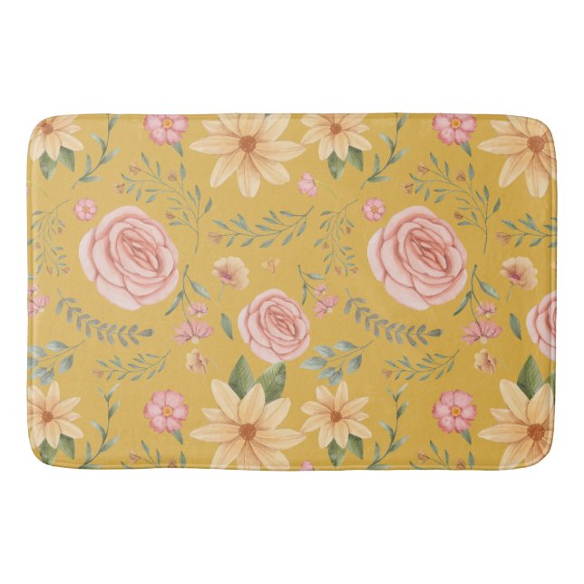 Custard Yellow Elegant Vintage Wildflower Pattern  Bath Mat (Front)