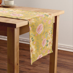 Custard Yellow Elegant Vintage Wildflower Pattern  Long Table Runner