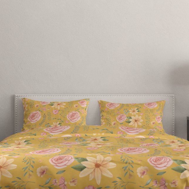 Custard Yellow Vintage Wildflower Rose Pattern  Pillowcase (Custard Yellow Vintage Wildflower Rose Pattern Pillow Case)