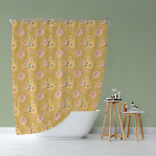 Custard Yellow Vintage Wildflower Rose Pattern  Shower Curtain