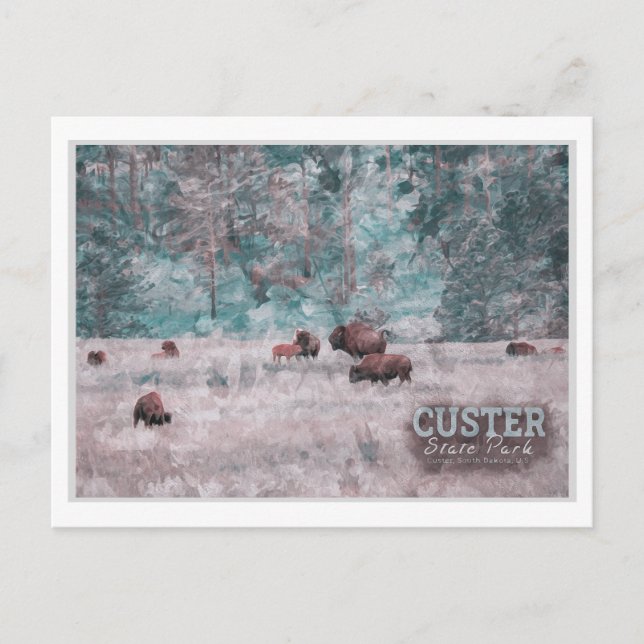 CUSTER SOUTH DAKOTA - HERD OF BISON WATERCOLOR POSTCARD (Front)