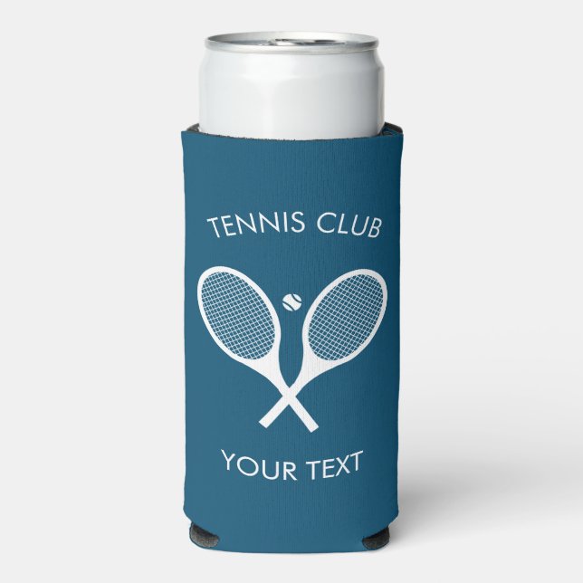 Custimizable Modern Blue White Tennis Racket  Seltzer Can Cooler (Seltzer Front)