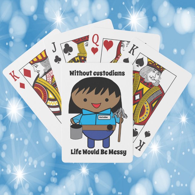 Custodian Janitor Black Female Funny Cute Playing Cards (A deck of playing cards with a picture of a black female janitor and cute text!)