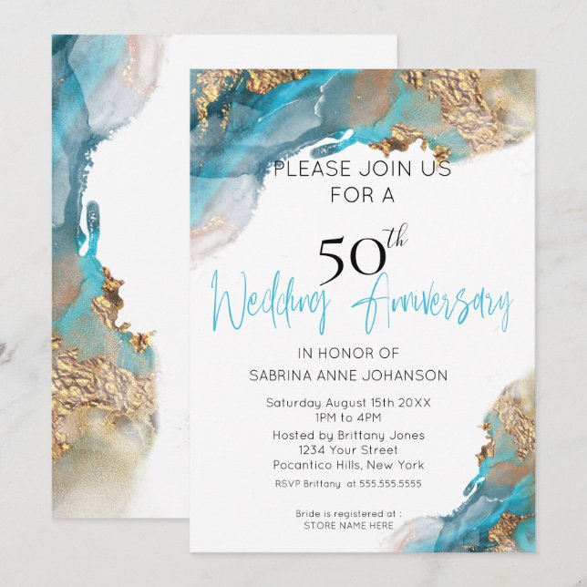 Custom2 50th W Anniversary  Teal and Gold Abstract Invitation (Front/Back)