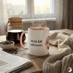 Custom "06:00 AM Caffeinate" Pink Rim Photo Mug