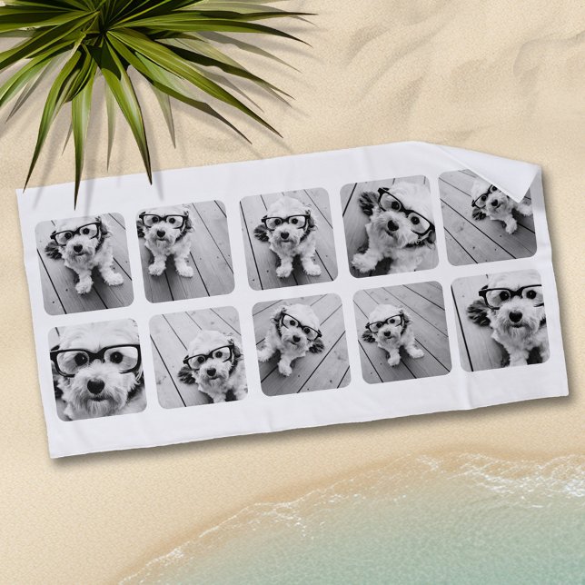 Custom 10 Photo Collage with rounded frames Beach Towel (Personalized Beach Towel - Add Photos and Text)