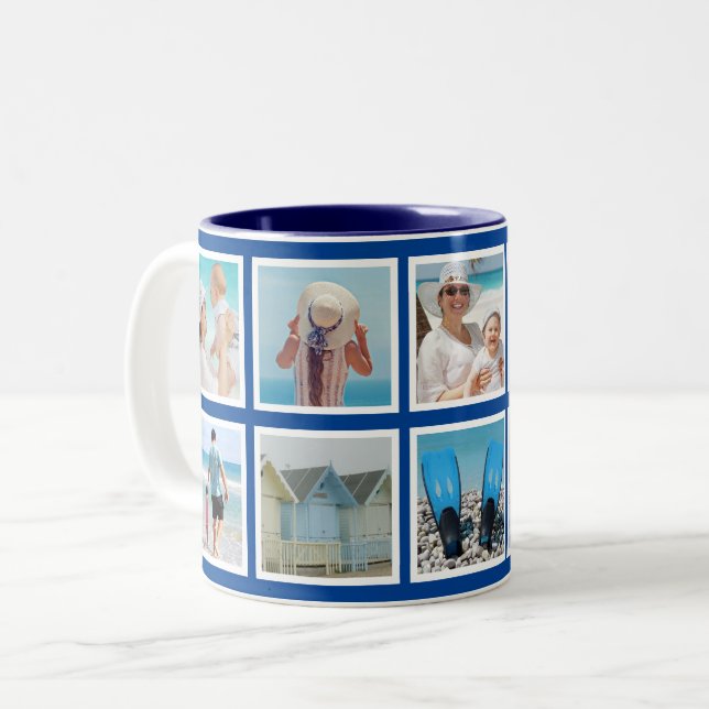 Custom 10 Photo Squares Collage Blue Two-Tone Coffee Mug (Front Left)