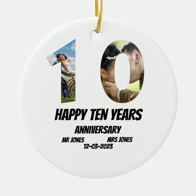Custom 10 Years Anniversary 2 Photo collage   Ceramic Tree Decoration (Front)
