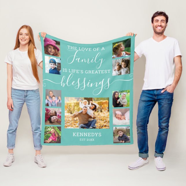 Custom 11 Photo Collage Family Love Quote Teal Fleece Blanket (In Situ)