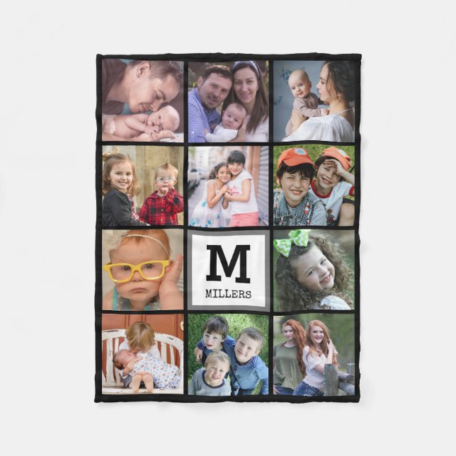 Custom 11 Photo Collage Family Name Monogram Black Fleece Blanket (Front)