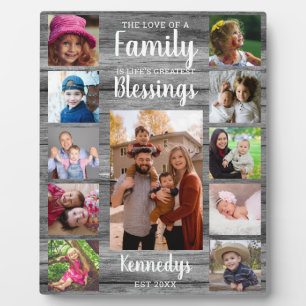 Custom 11 Photo Collage Family Quote Grey Wood  Plaque