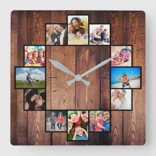 Custom 12 Family Friends Photo Collage Rustic Square Wall Clock