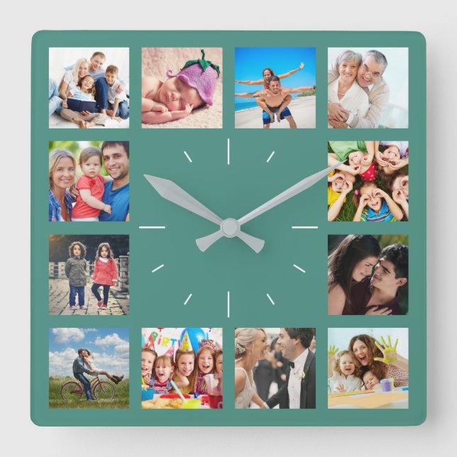Custom 12 Family Keepsake Memories Photo Collage Square Wall Clock (Front)
