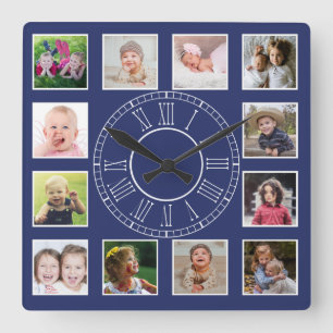 Custom 12 Family Photo Collage Blue Roman Numeral Square Wall Clock