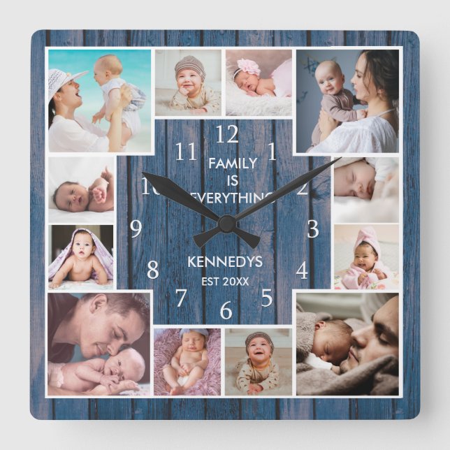 Custom 12 Family Photo Collage Nautical Blue Wood Square Wall Clock (Front)