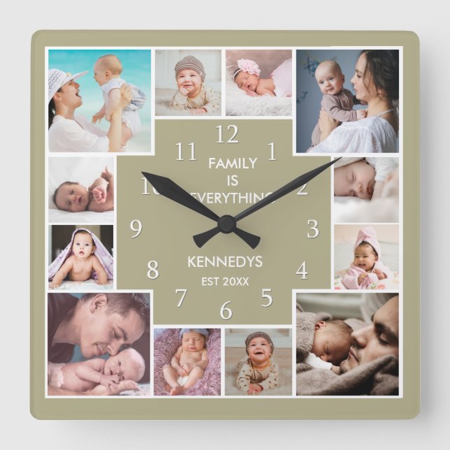 Custom 12 Family Photo Collage  Quote Sage Green Square Wall Clock (Front)