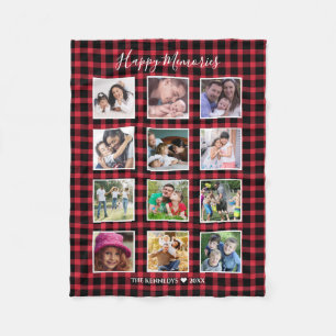 Custom 12 Family Photo Collage Red Buffalo Plaid Fleece Blanket