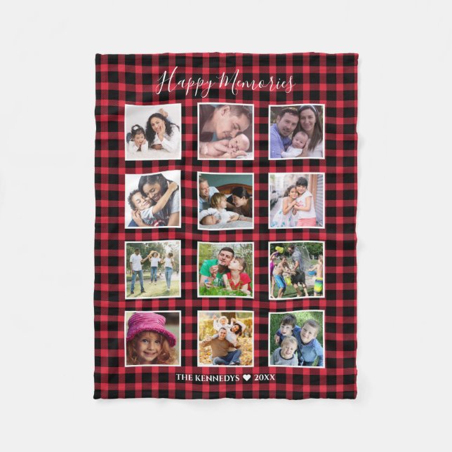 Custom 12 Family Photo Collage Red Buffalo Plaid Fleece Blanket (Front)