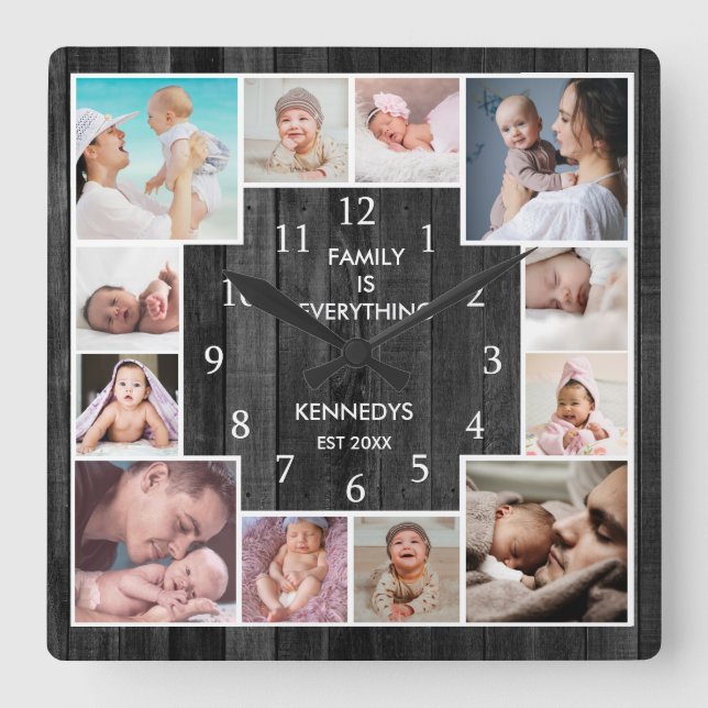 Custom 12 Family Photo Collage Rustic Black Wood Square Wall Clock (Front)