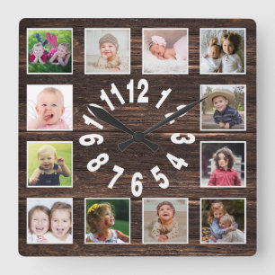 Custom 12 Family Photo Collage Rustic Farmhouse Square Wall Clock