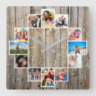 Custom 12 Family Photo Collage Rustic Farmhouse Square Wall Clock