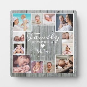 Custom 12 Family Photo Collage Rustic Grey Wood Plaque