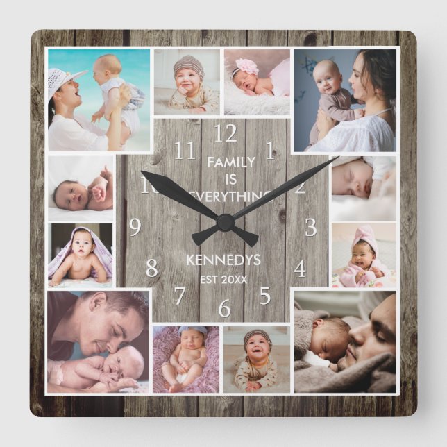 Custom 12 Family Photo Collage Rustic Wood   Square Wall Clock (Front)