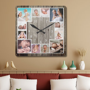 Custom 12 Family Photo Collage Rustic Wood   Square Wall Clock