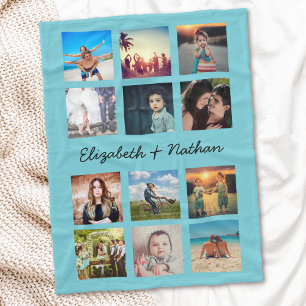 Custom 12 Friends Family Photo Collage Aqua Blue Fleece Blanket