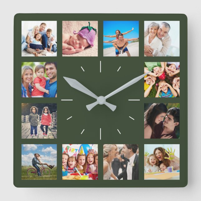 Custom 12 Keepsake Family Photo Collage Kids Pets Square Wall Clock (Front)