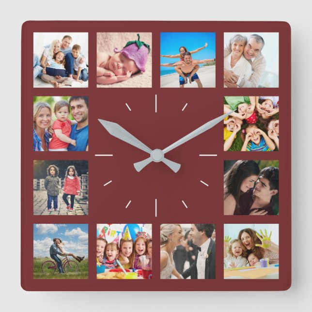 Custom 12 Keepsake Memory Family Photo Collage Square Wall Clock (Front)