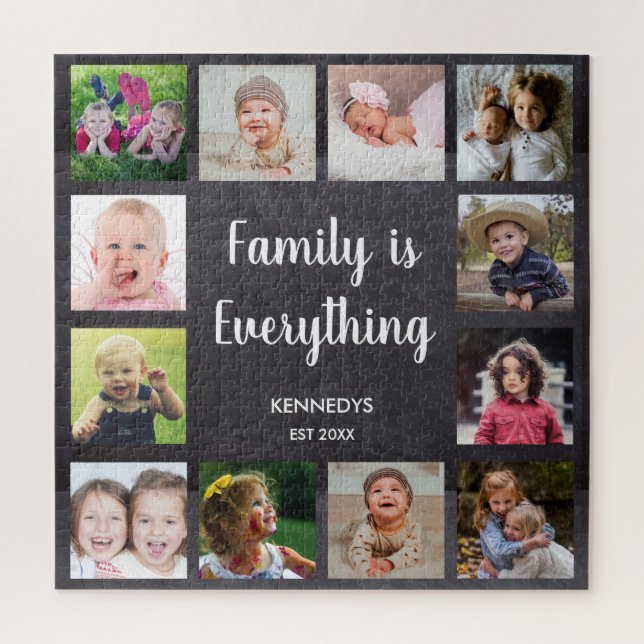 Custom 12 Photo Collage Family Chalkboard Jigsaw Puzzle (Vertical)