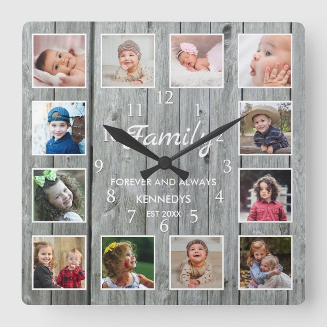 Custom 12 Photo Collage Family Forever Grey Wood Square Wall Clock (Front)