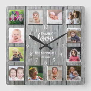 Custom 12 Photo Collage Family Love Grey Wood Square Wall Clock