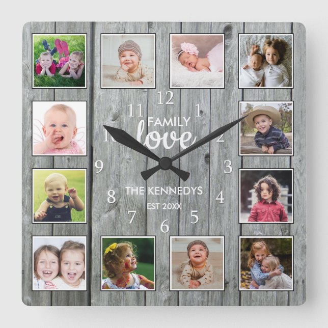 Custom 12 Photo Collage Family Love Grey Wood Square Wall Clock (Front)