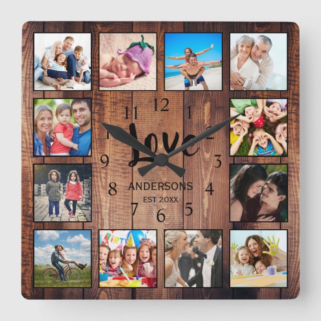 Custom 12 Photo Collage Family Love Reclaimed Wood Square Wall Clock (Front)